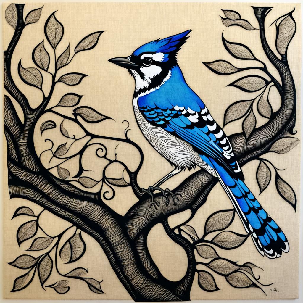 Elegant Ink Drawing of Blue Jay in Oak