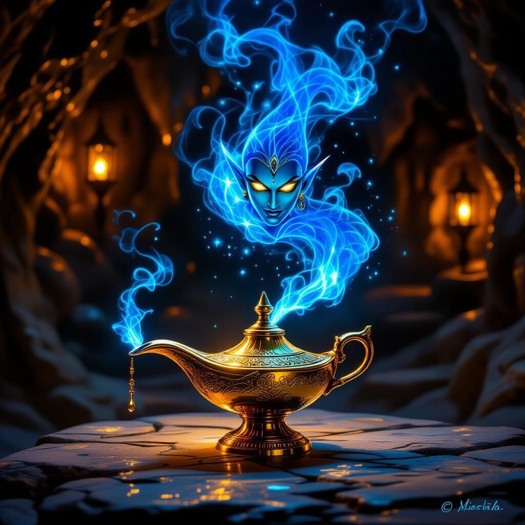 Mystical Genie Emerges from Golden Lamp in Graffiti Art