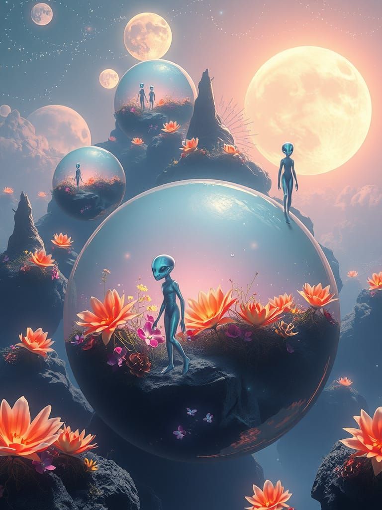 Ethereal Alien Life in Glowing, Interconnected Worlds