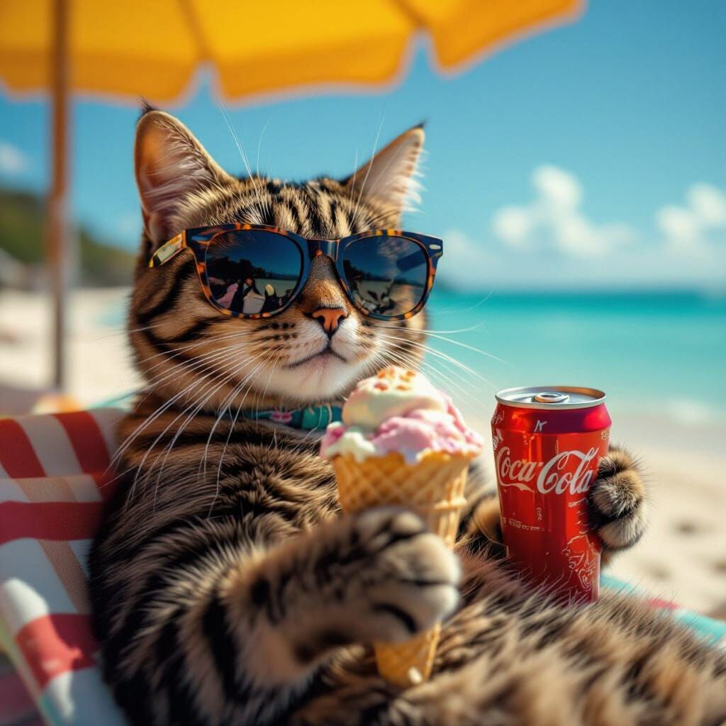 Cat with Sunglasses and Ice Cream on Beach: Cinematic Film S...