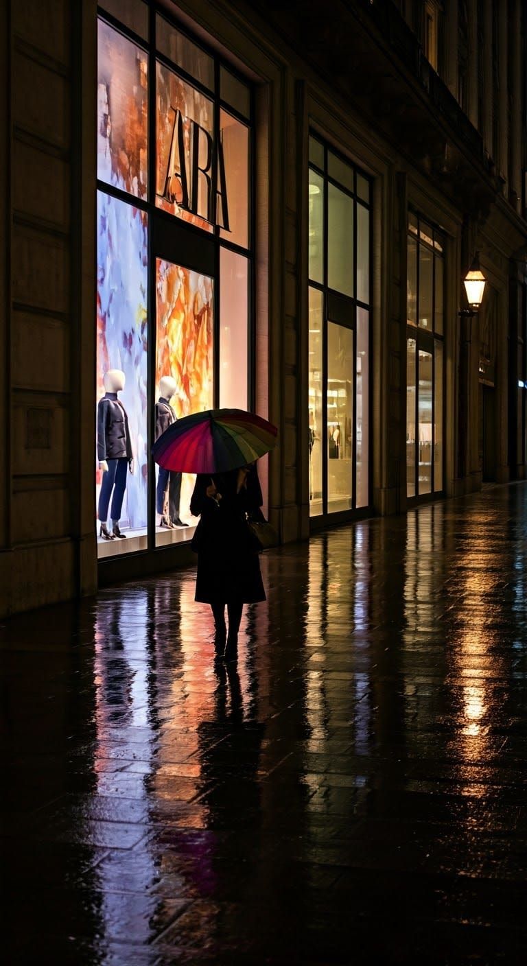 Elegant Woman Walks Past ZARA Store Window Display at Dusk