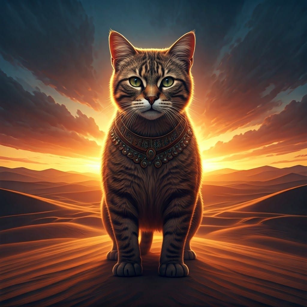 Majestic Cat Warrior in Desert Sunset Landscape