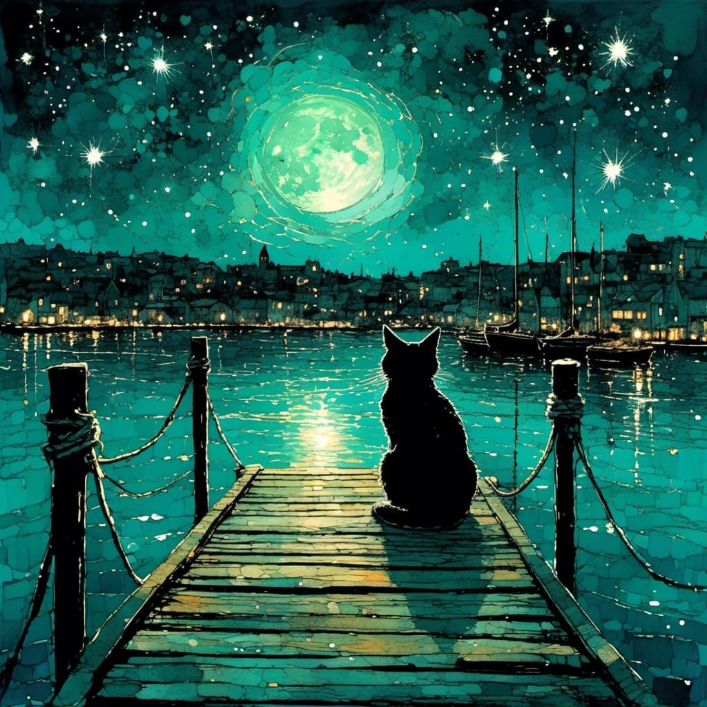 Moonlit Cat on Docks in Watercolor Style