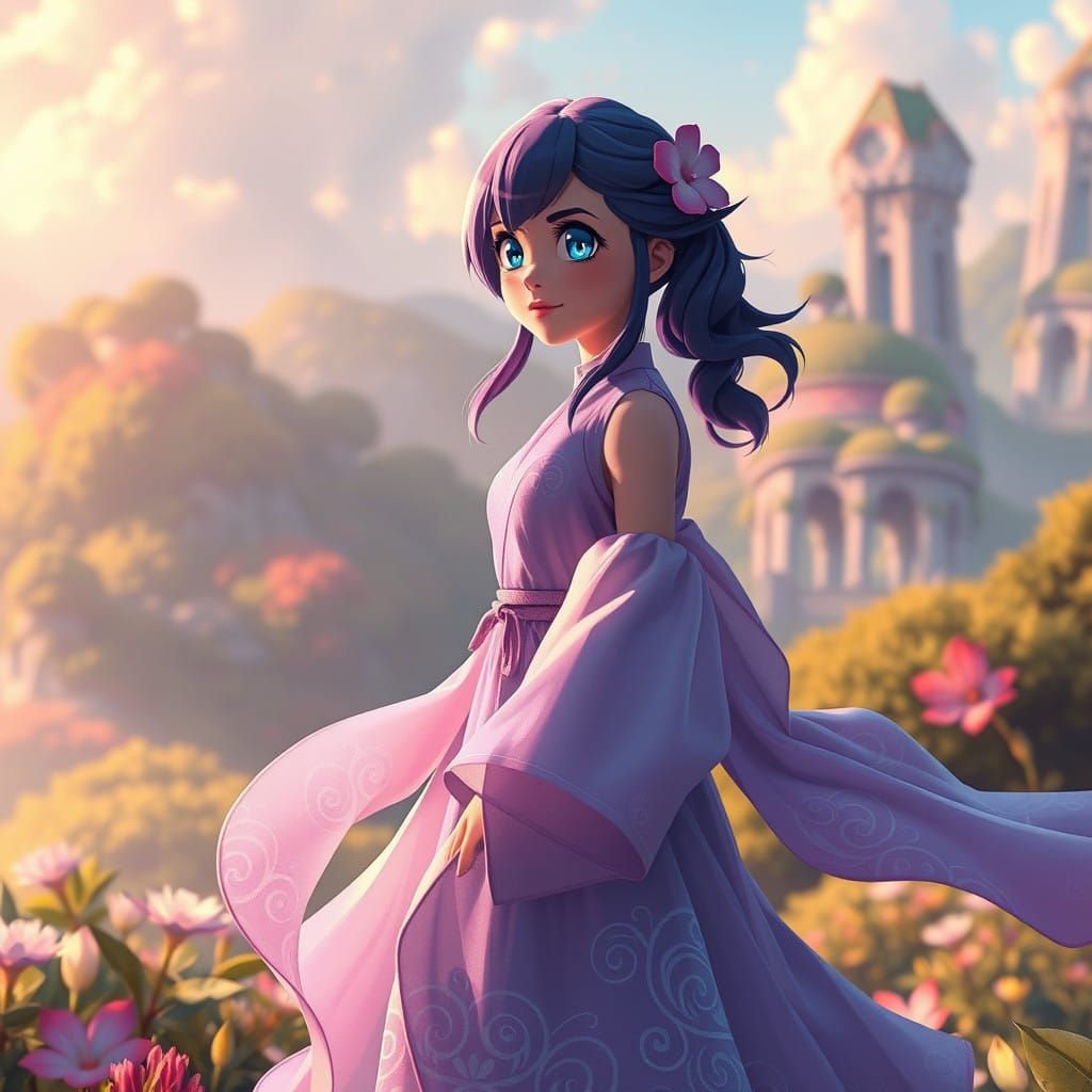 Ethereal Dawn in Lavender Dress, Anime Style Fantasy Concept...