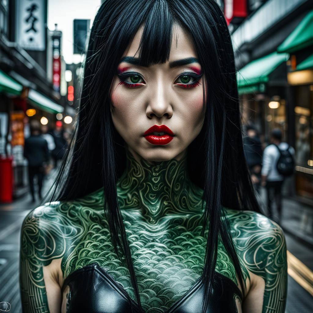 Beautiful Asian Woman with Piercing Eyes in Hibiya Street