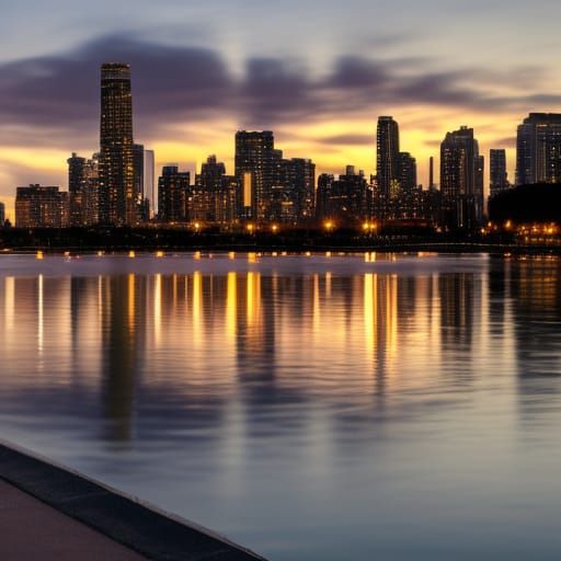 Sunset Cityscape Reflection Over Water