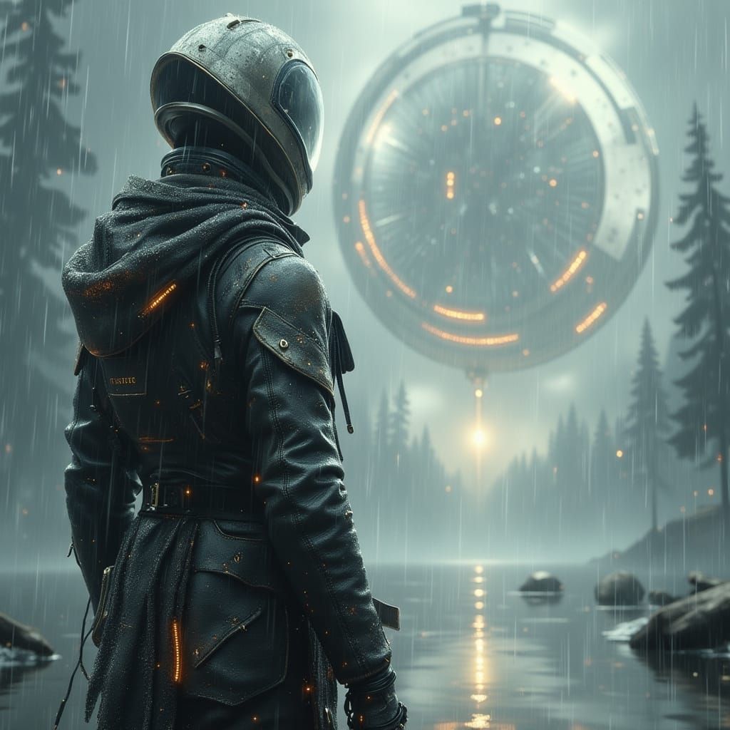 Dystopian Traveler Gazing at Wheel Cloud Formation
