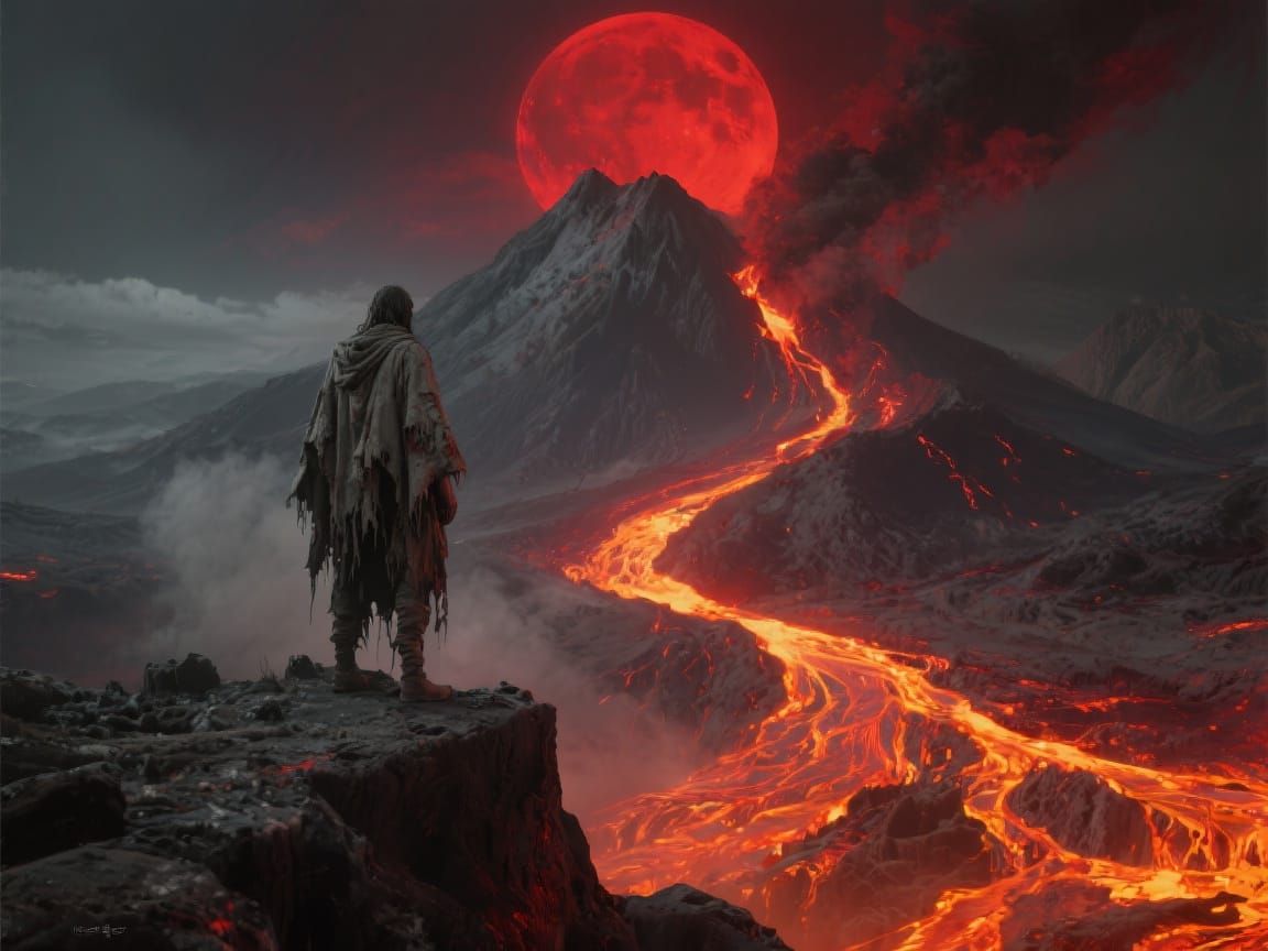 Volcanic Eruption Under Blood Moon in Dark Fantasy Style