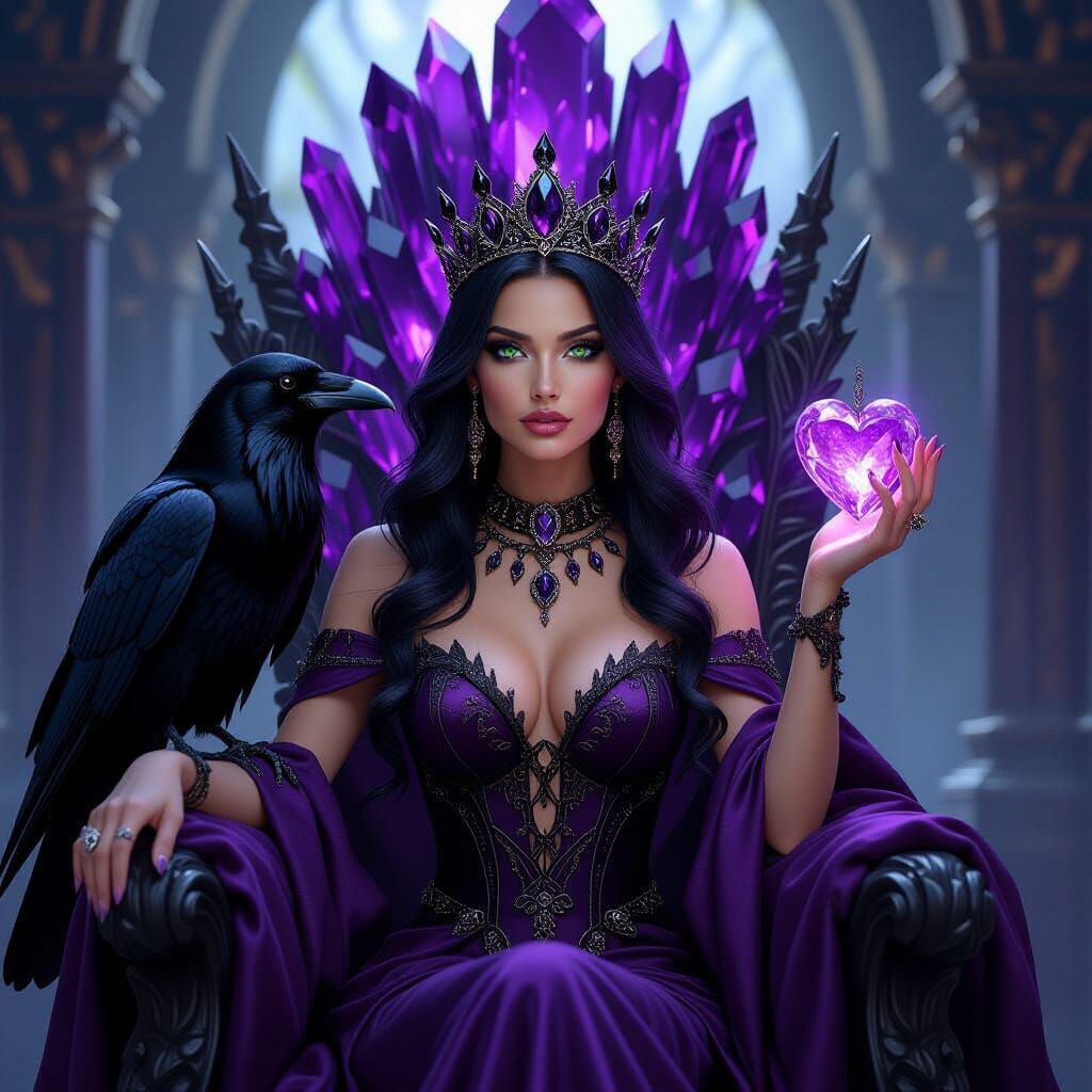 Queen with Raven Hair on Amethyst Throne, Holding Crystal He...