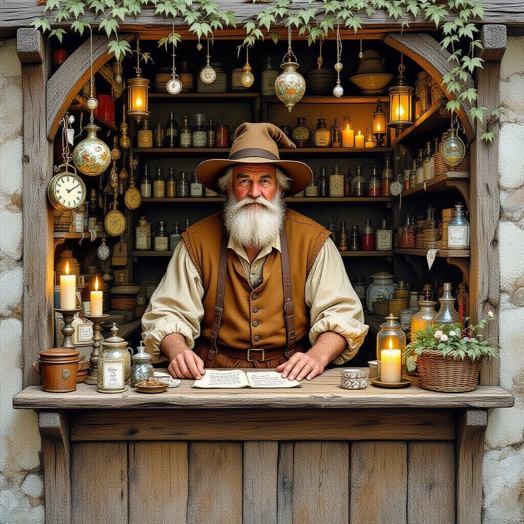 Humble Shopkeeper Surrounded by Vintage Trinkets
