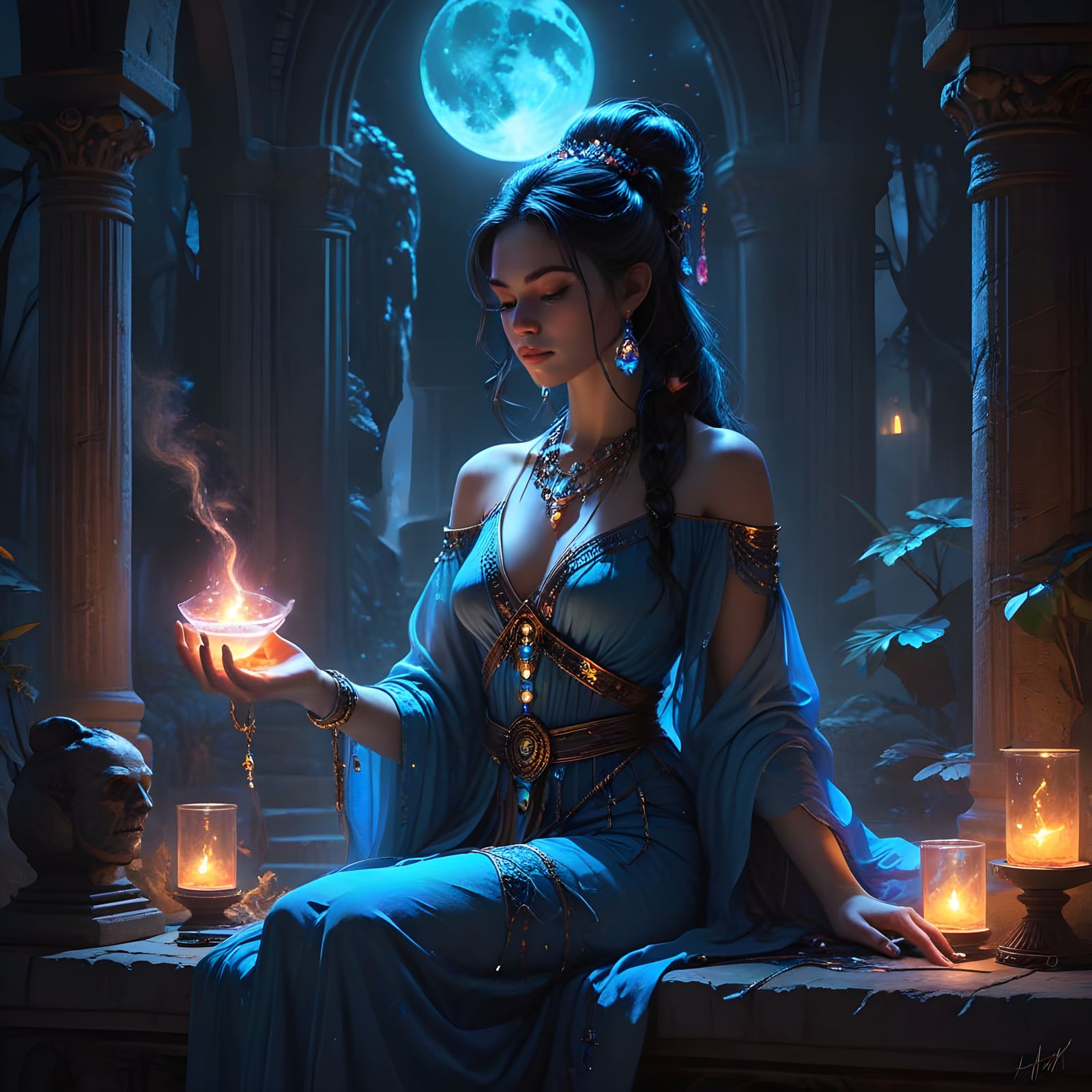 Nocturnal Goddess in Moonlit Temple, Scumbling Neon Style