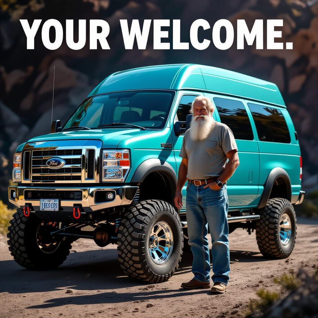 Man and Turquoise Ford Van with Monster Tires