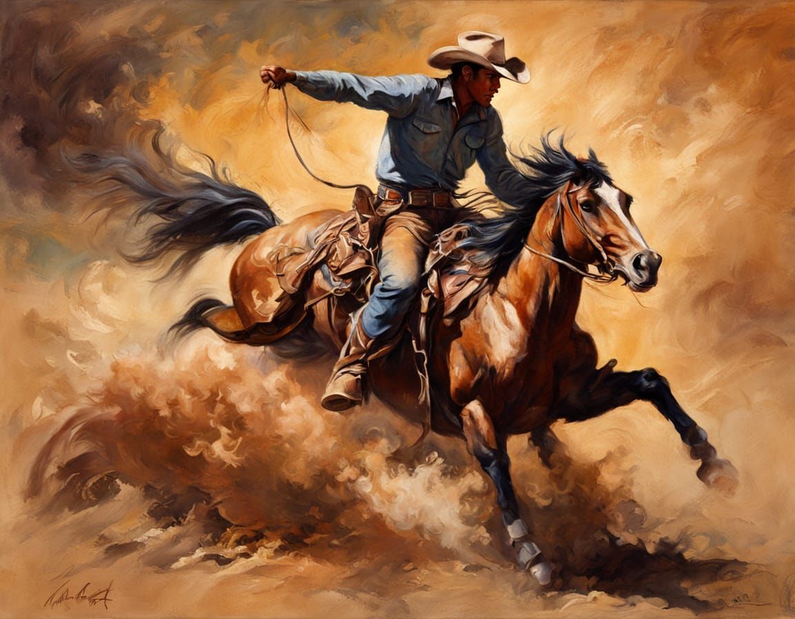 Rugged Cowboy Taming a Bucking Bronco in Western Style