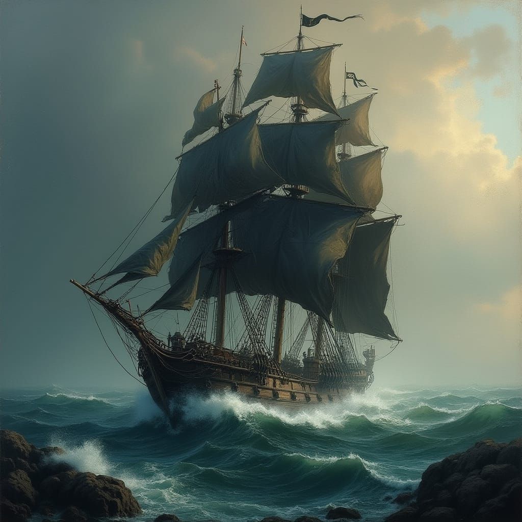 Stormy Seas Pirate Ship in Dramatic Style