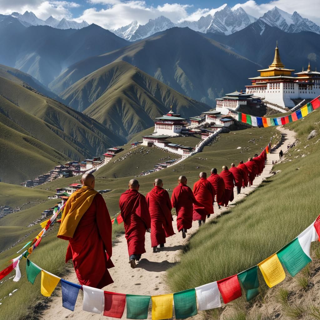 Tibetan Prayer Flags in Snowy Mountain Landscape