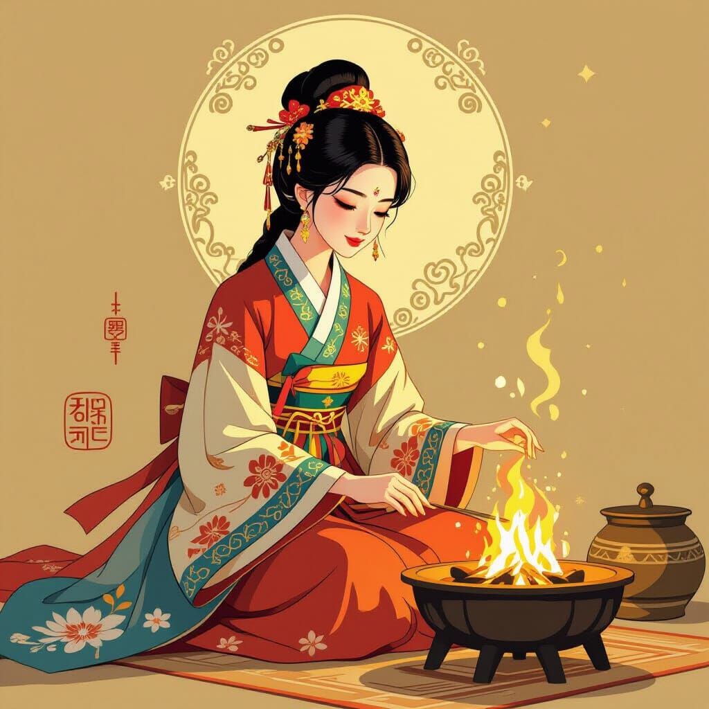 Korean Goddess Jowangshin Tending Hearth in Folk Art Style