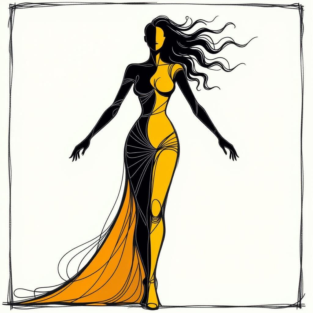 Abstract Female Silhouette with Bold Black Lines and Yellow ...