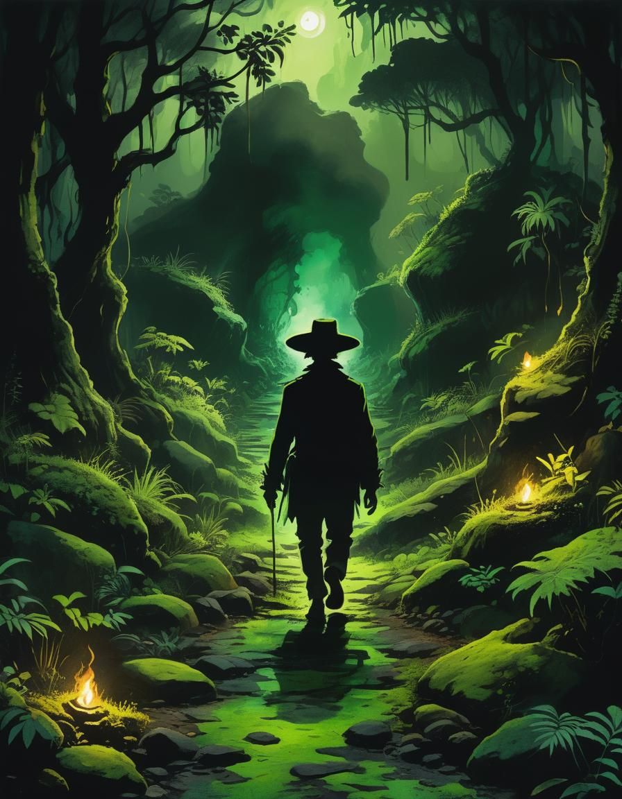 Man in Jungle Silhouette: Expressionist Ink Painting