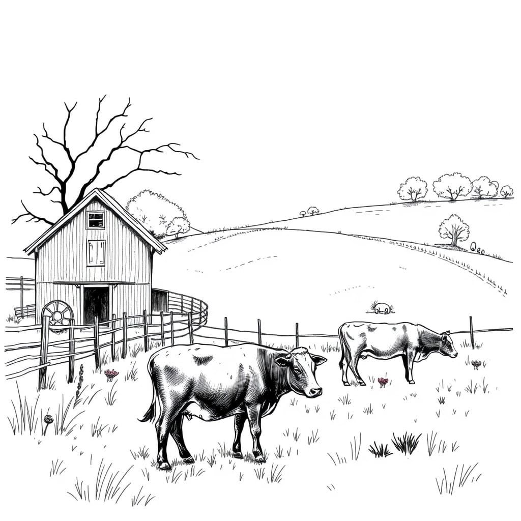 Pastoral Farm Scene in Black and White Sketch Style