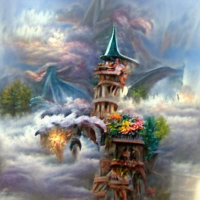 Fantasy Wizard Tower with Dragons, Godrays