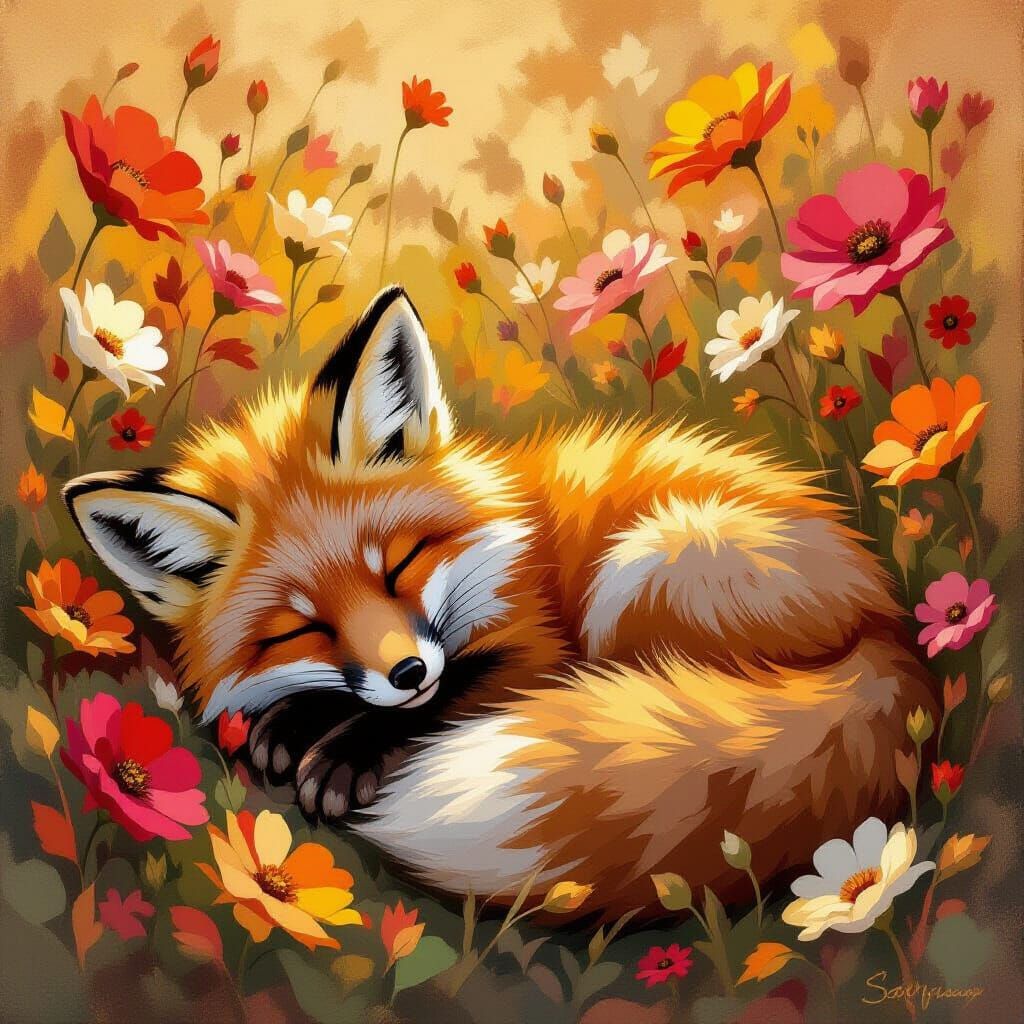 Autumn Fox Sleeps in Vibrant Abstract Flowers Oil Painting
