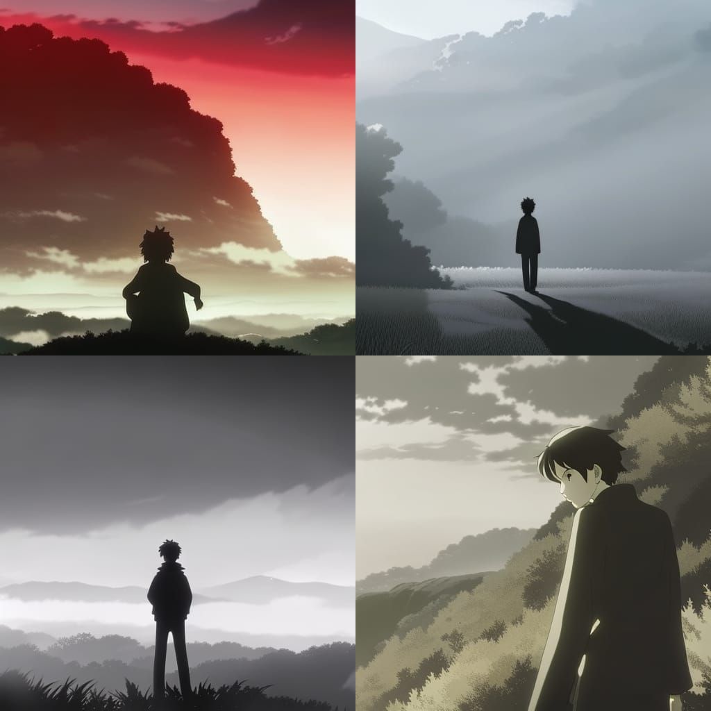 Young Man Silhouette in Fog: Anime-Inspired Black and White