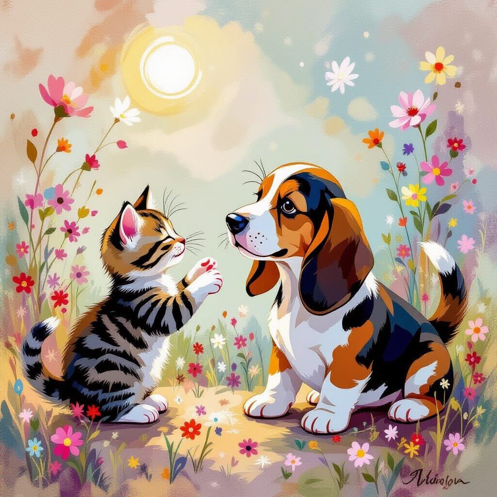 Kittens and Bassett Hound in Whimsical Abstract Art Style