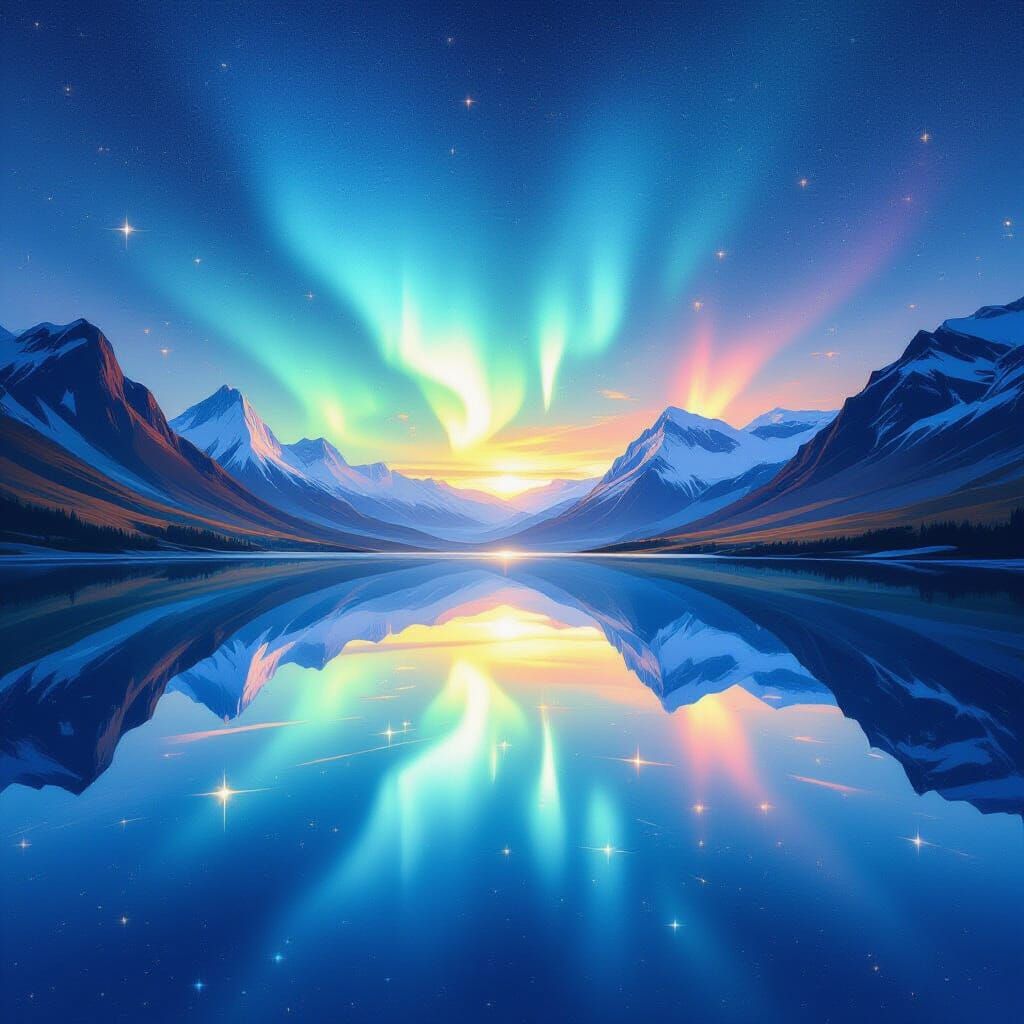 Kaleidoscopic Lake Reflects Auroras in Surreal Style