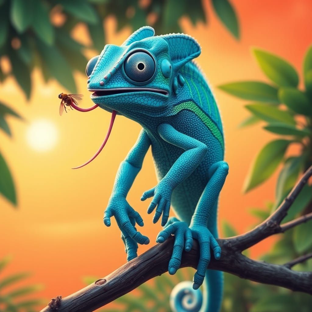 Electric Blue Mutant Chameleon Catches Fly, Biomechanical Ar...