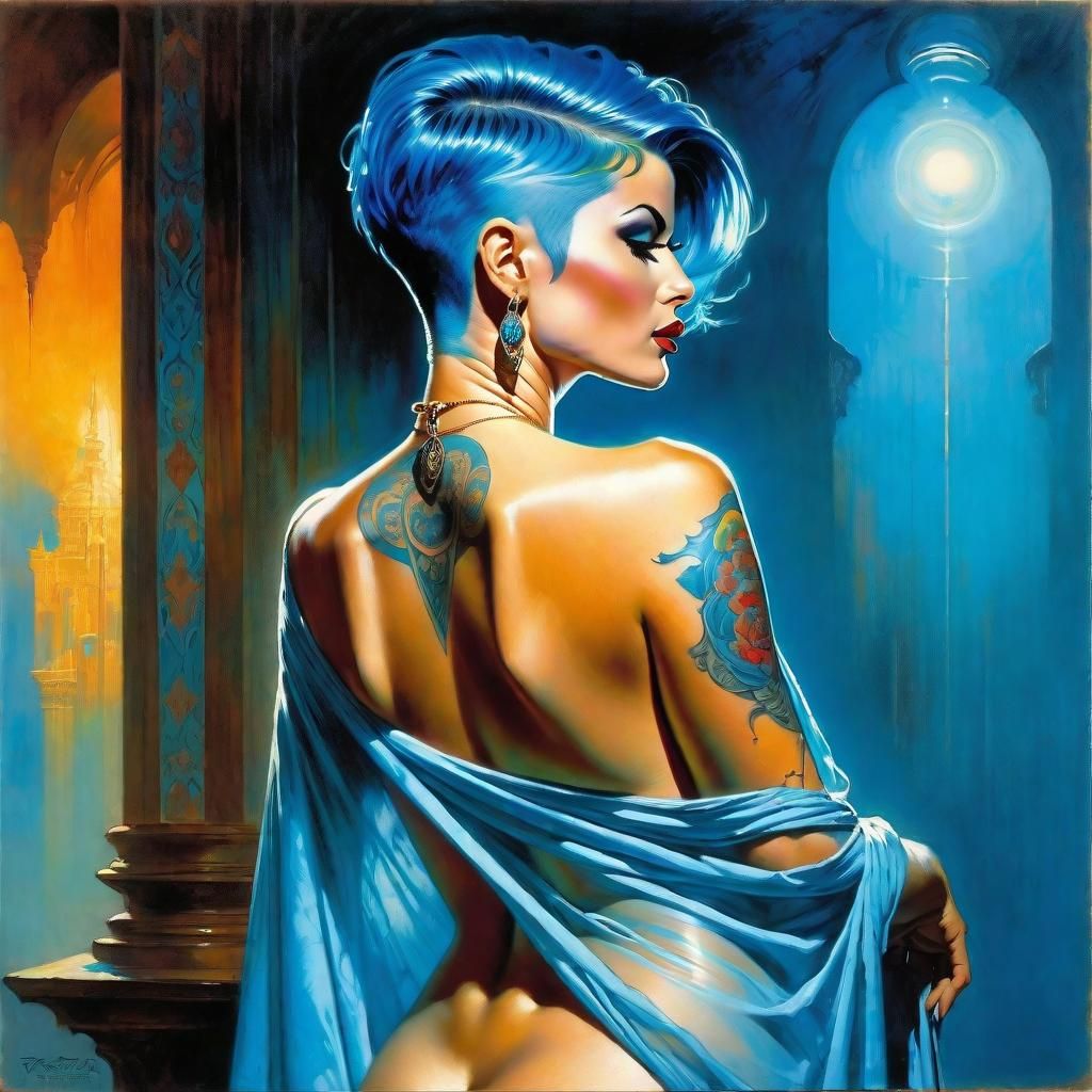 Cyberpunk Blue-Haired Woman with Tattoos Portrait