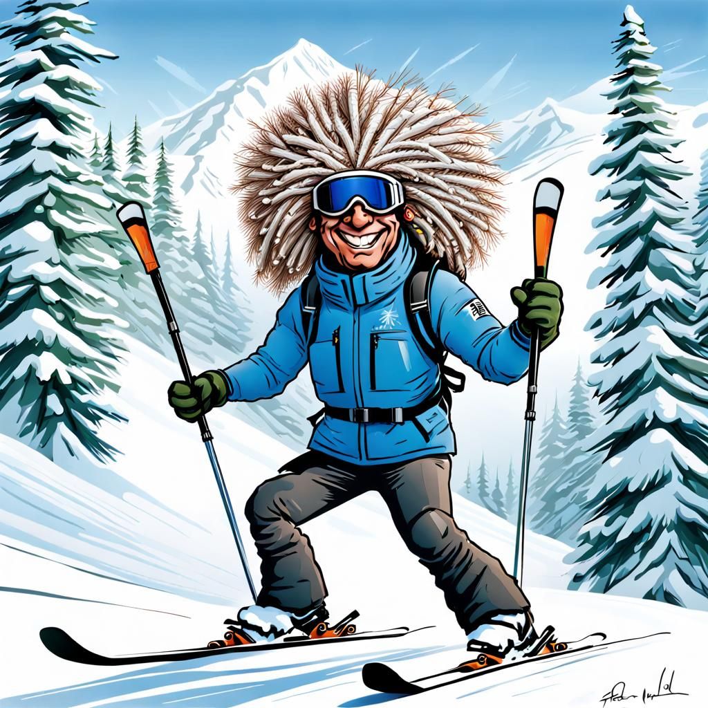 Exuberant Ski Instructor Caricature with Pine Needle Wig