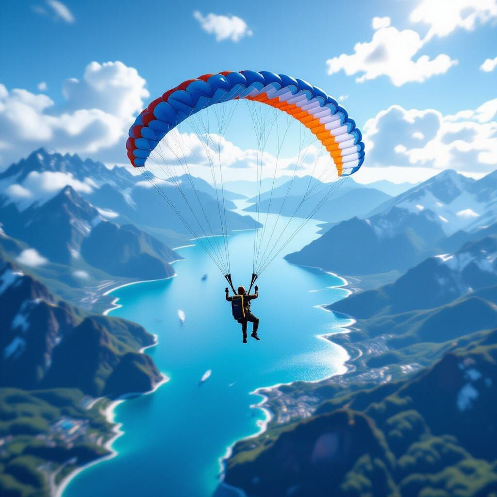 Man Skydiving Over Sea and Mountains in Realistic Matte Pain...