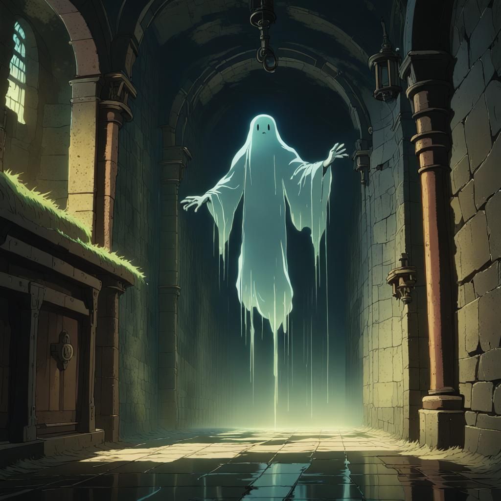 Glowing Ghost in Castle Dungeon, Anime Style