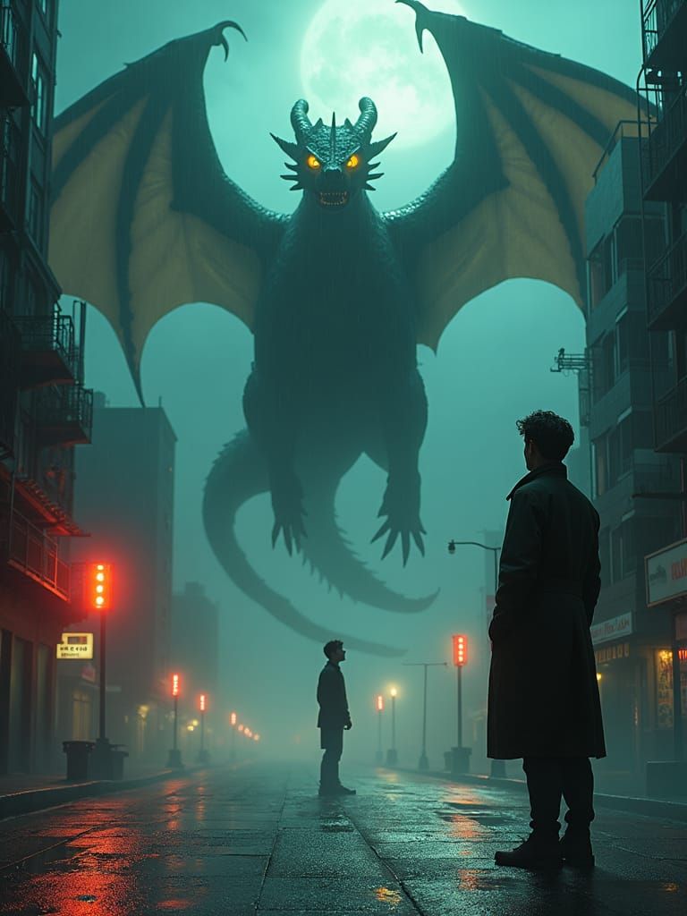 Man and Dragon in City, Miyazaki Style