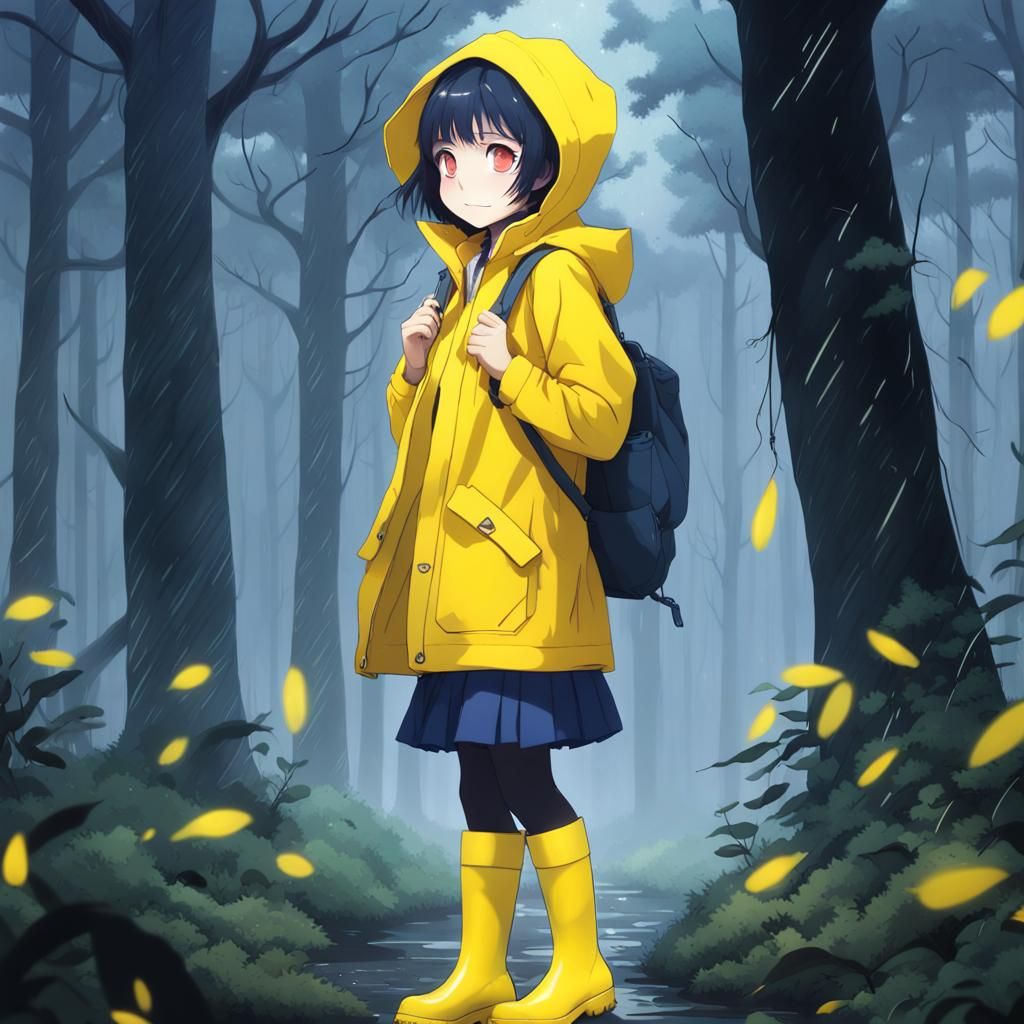 Girl in Yellow Raincoat in Creepy Anime Forest