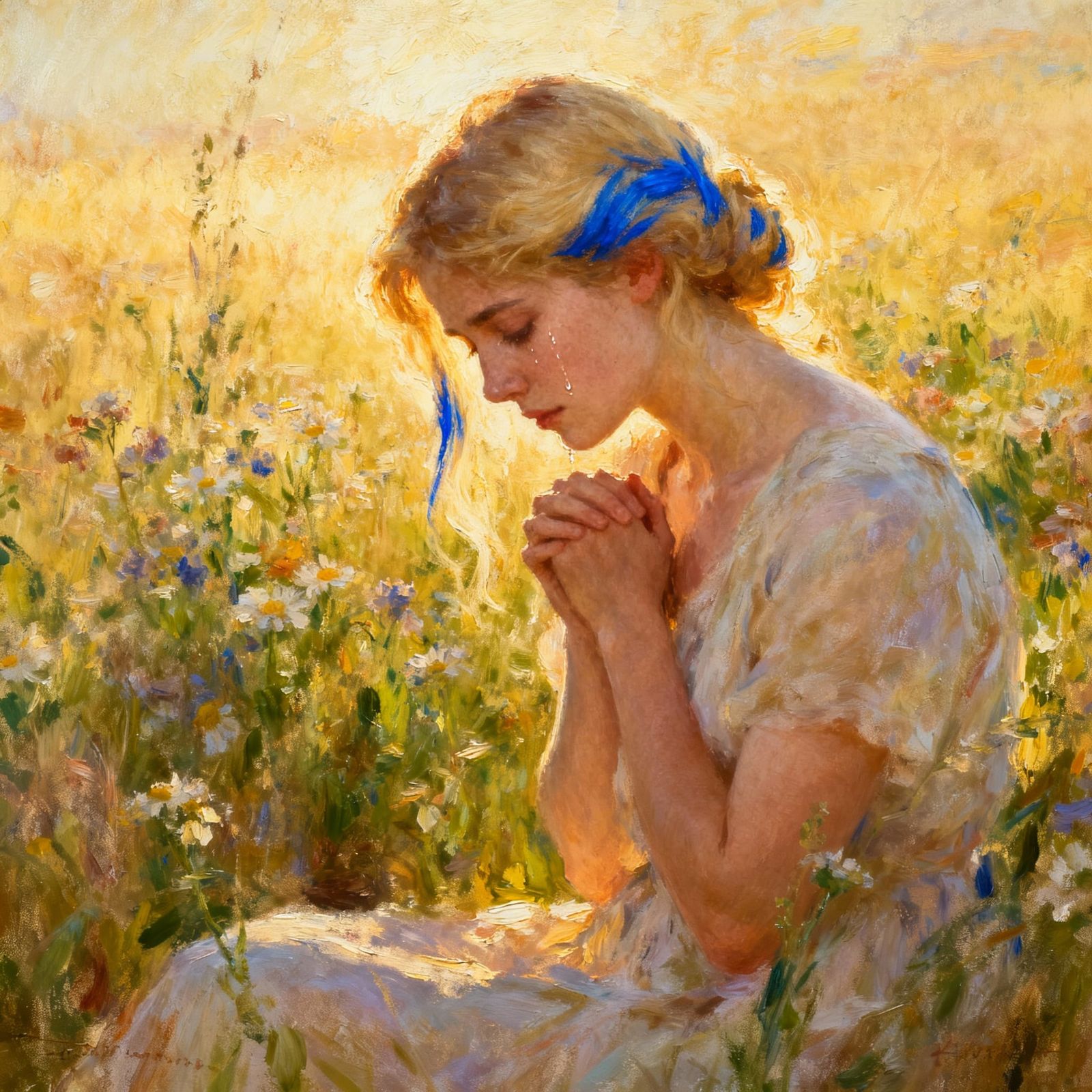 Woman Praying in Sun-Drenched Field, Impressionistic Oil Pai...