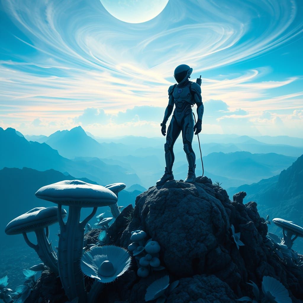 Uncharted Blue Alien Planet with Cybernetic Figure
