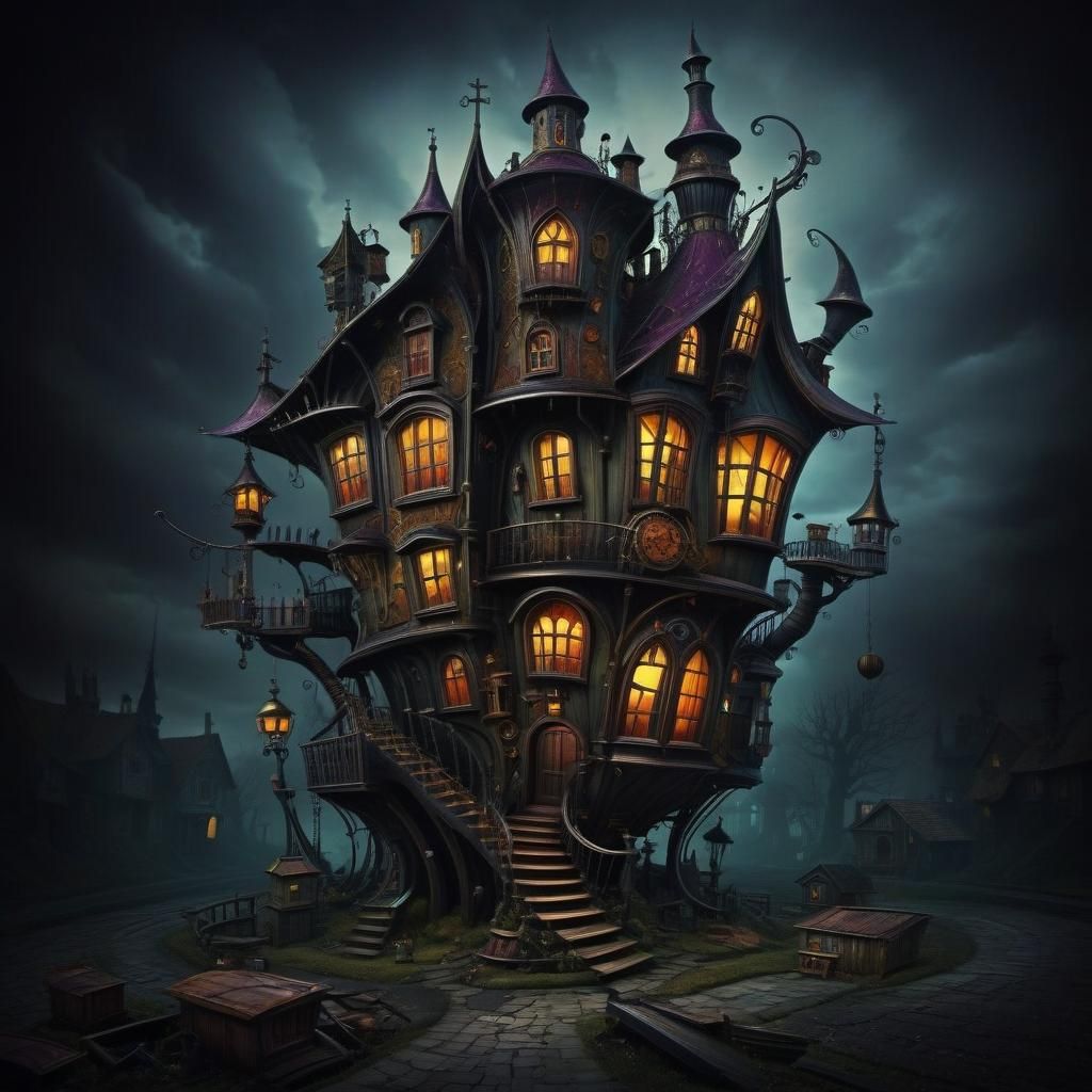 Surreal warped crooked gothic house
