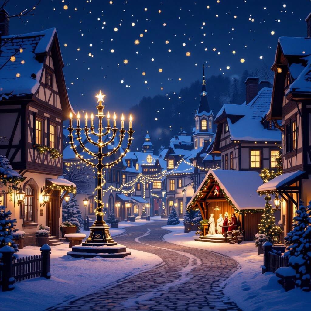 Eastern European Town with Menorah and Manger Scene