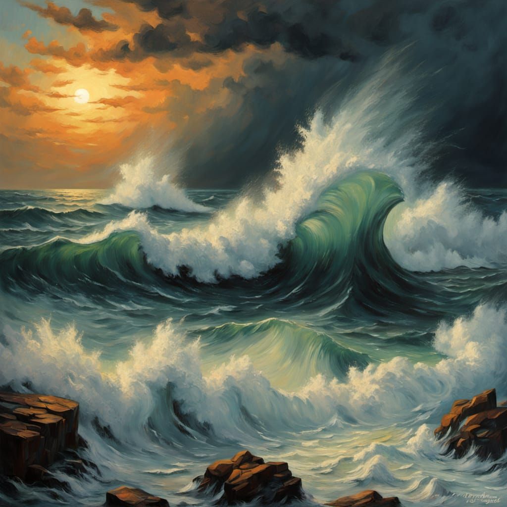 Stormy Ocean Dusk Impasto Painting with Glowing Horizon