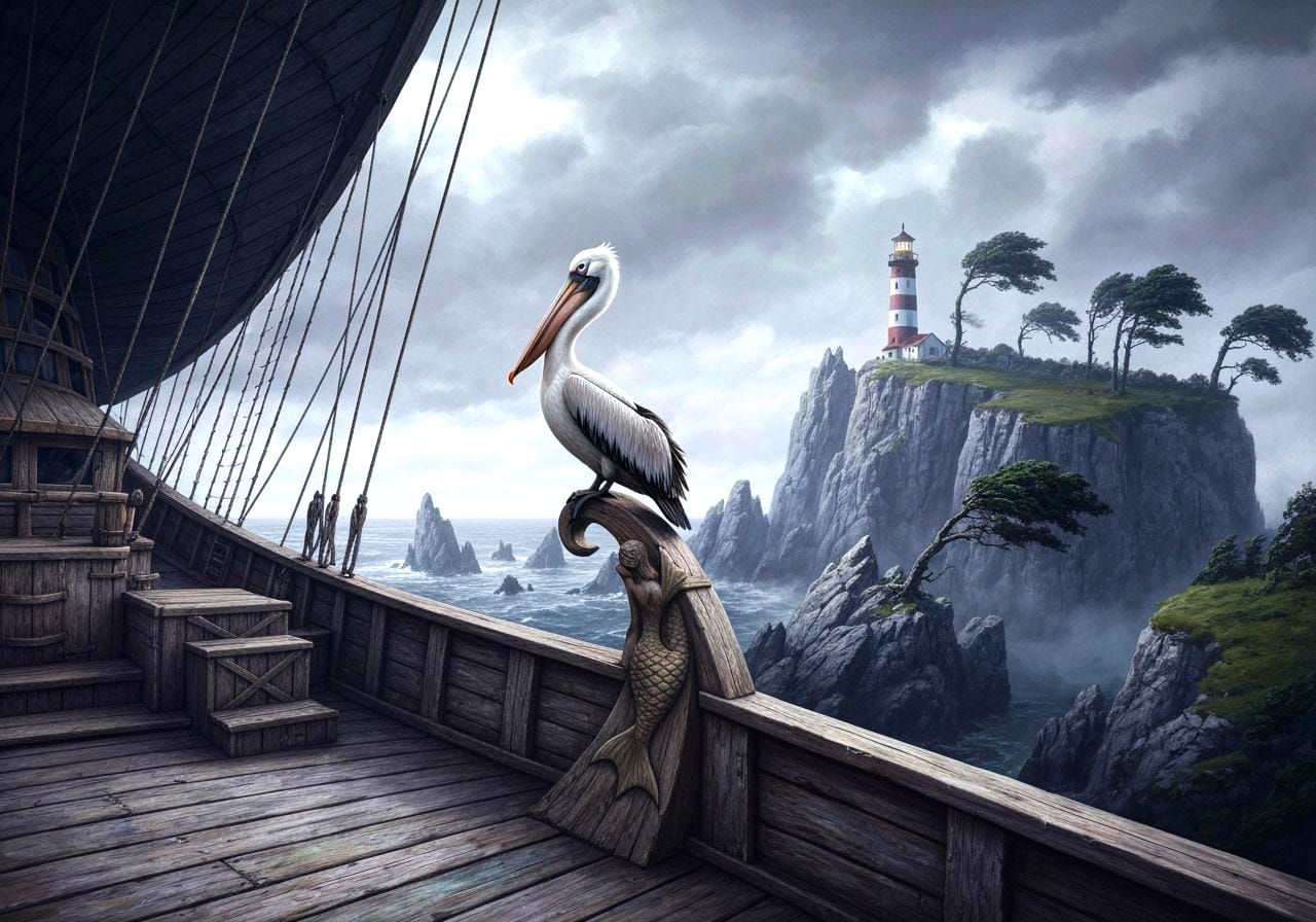 Airship Voyage: Pelican Watches Distant Lighthouse