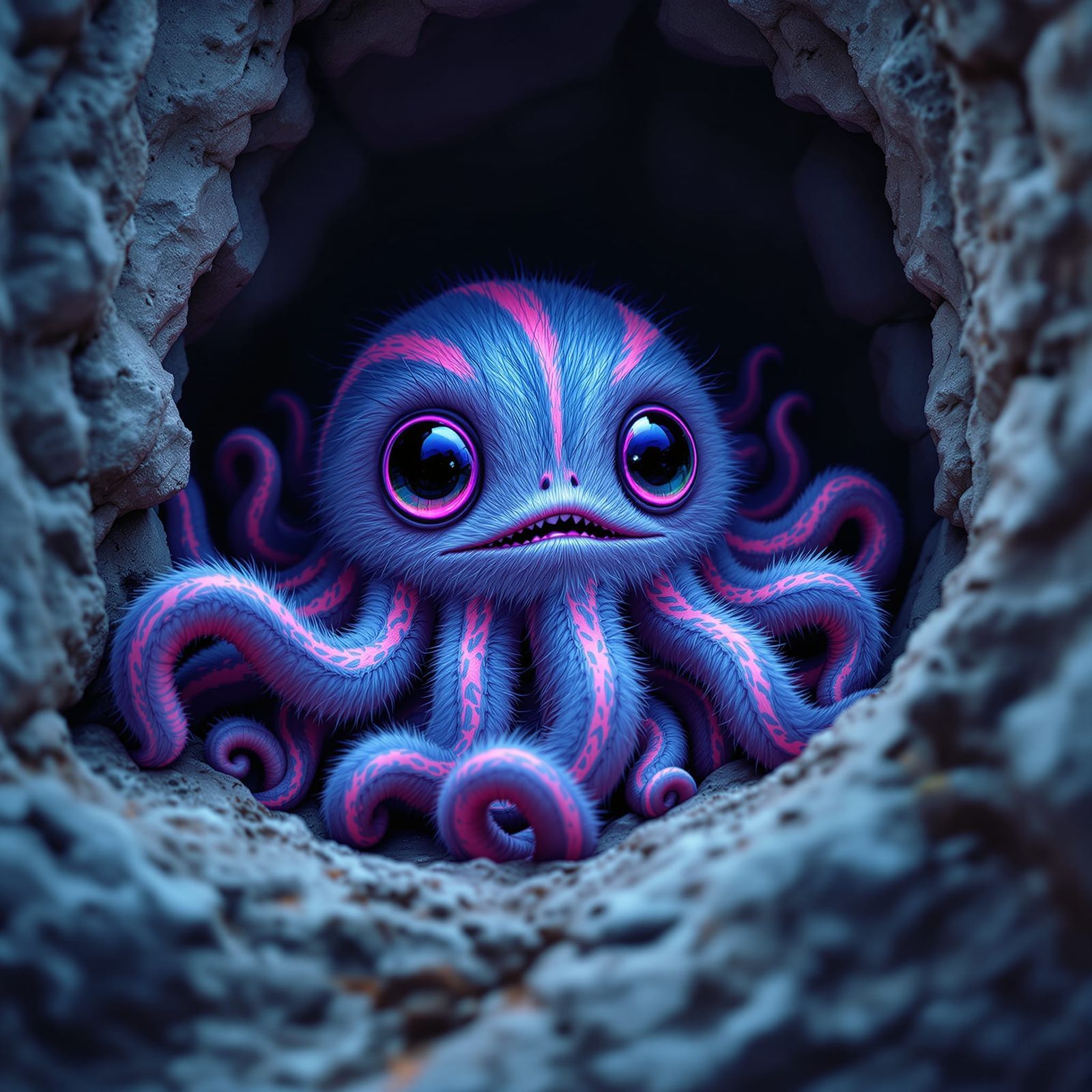 Creepy Cute Furry Creature with Neon Stripes and Tentacles