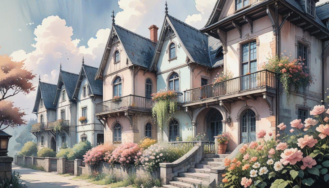 Gothic Rural Houses in Pastel Manga Style