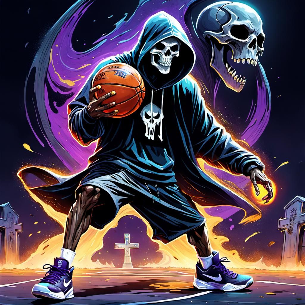 Scary grim reaper in a cemetery, plays  Basketball one-on-one against the ghost of KOBE BRYANT . Background dark and sur...