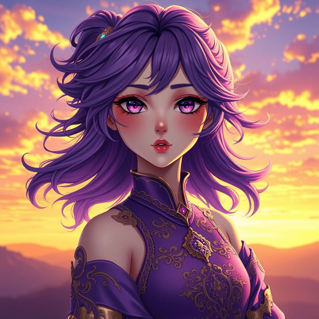 Anime Girl in Purple and Gold Attire