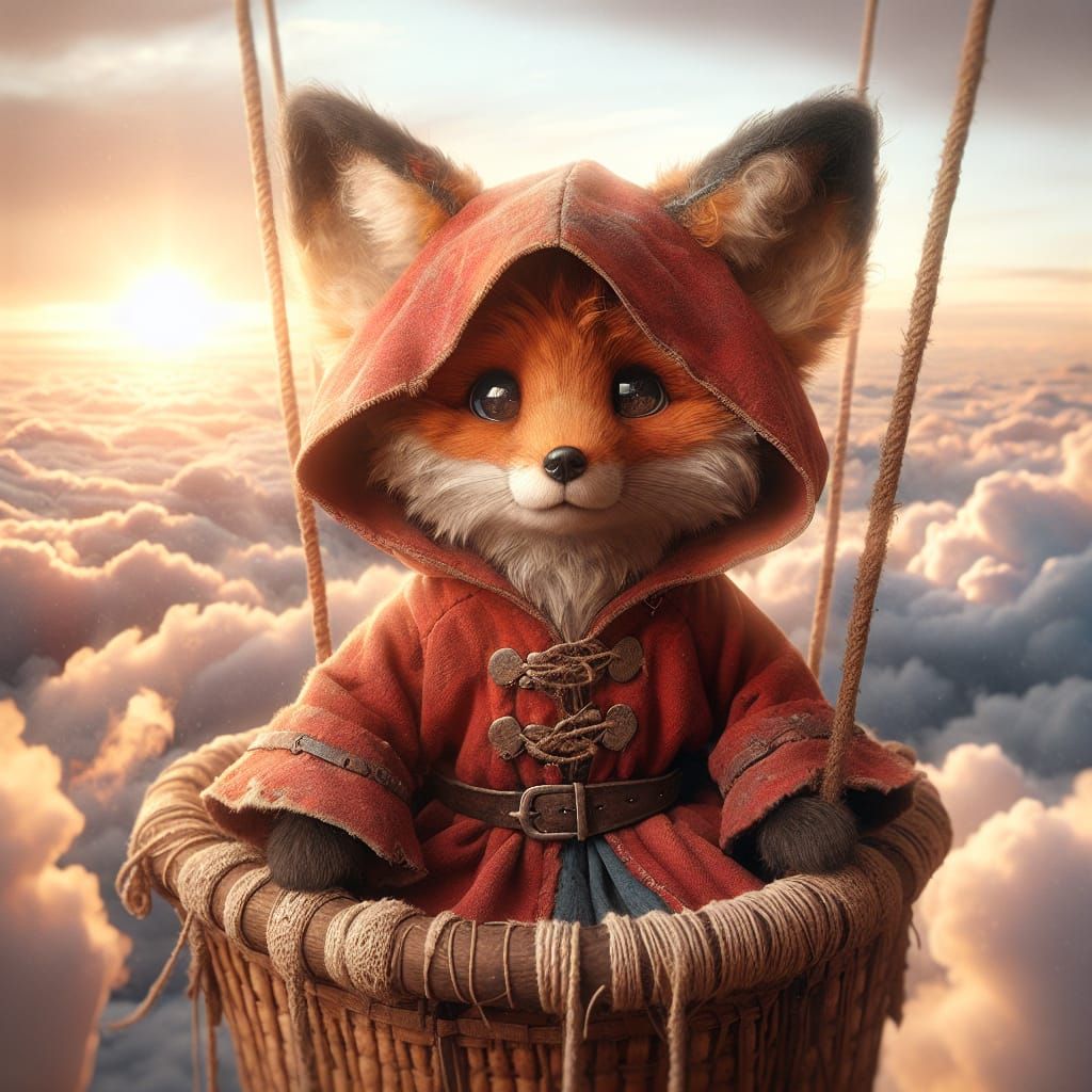 Sailing Fox in a Medieval Hot Air Balloon over a Cloudy Sky
