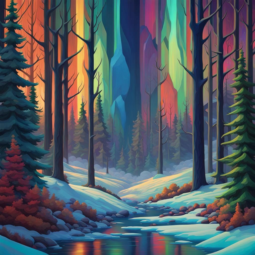 Colorful Aurora Borealis in Lawren Harris Style