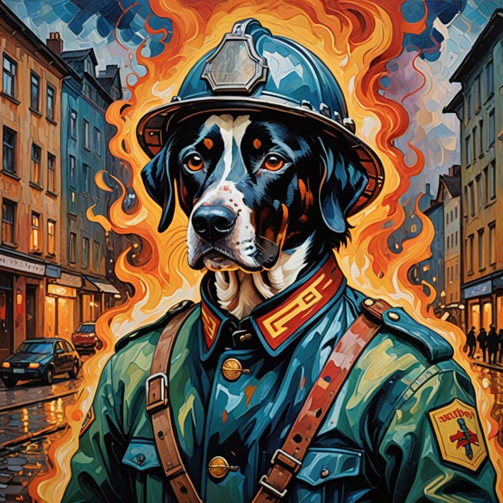 Heroic Dalmatian Firefighter in Vibrant Neo-Expressionist Oi...