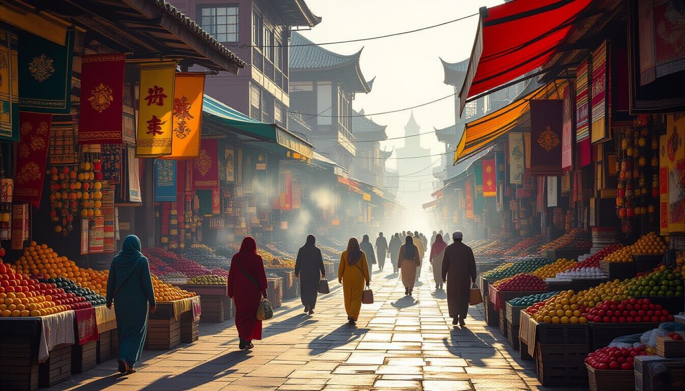 Bustling Marketplace at Dawn Digital Painting