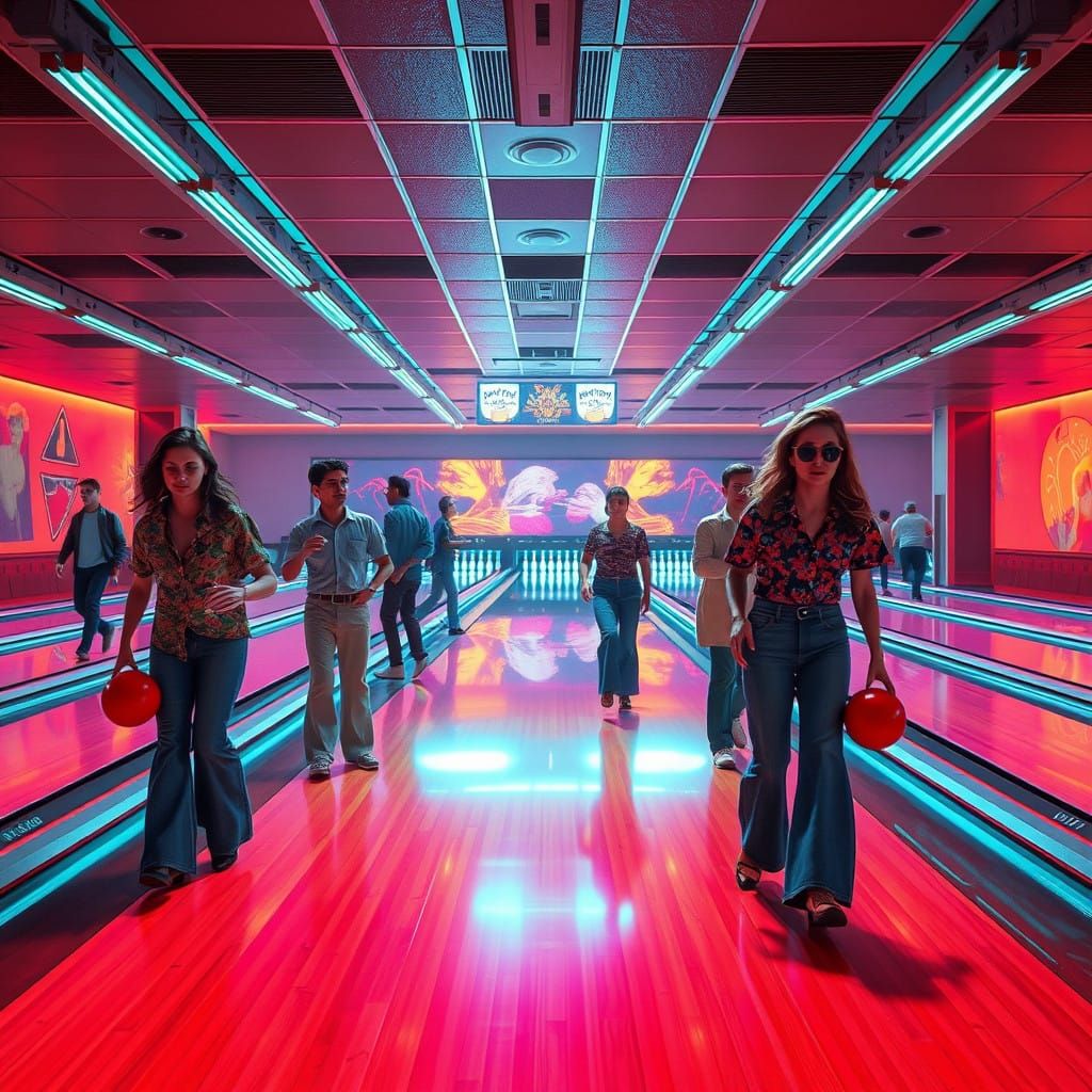Retro Futuristic Bowling Alley in Vibrant Neon Colors